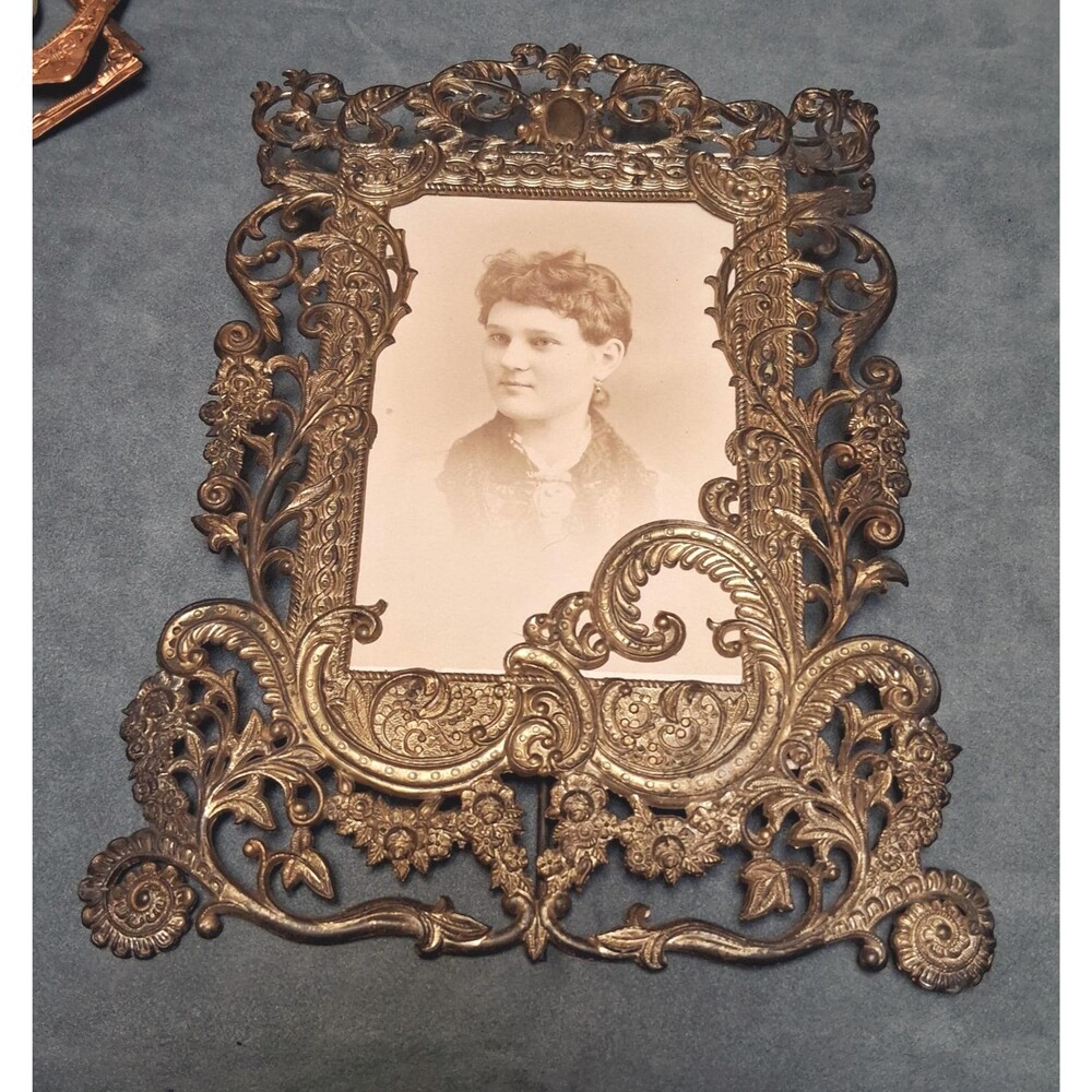 Antique Edwardian Picture Frame Peacocks Gold Tone Pressed Metal